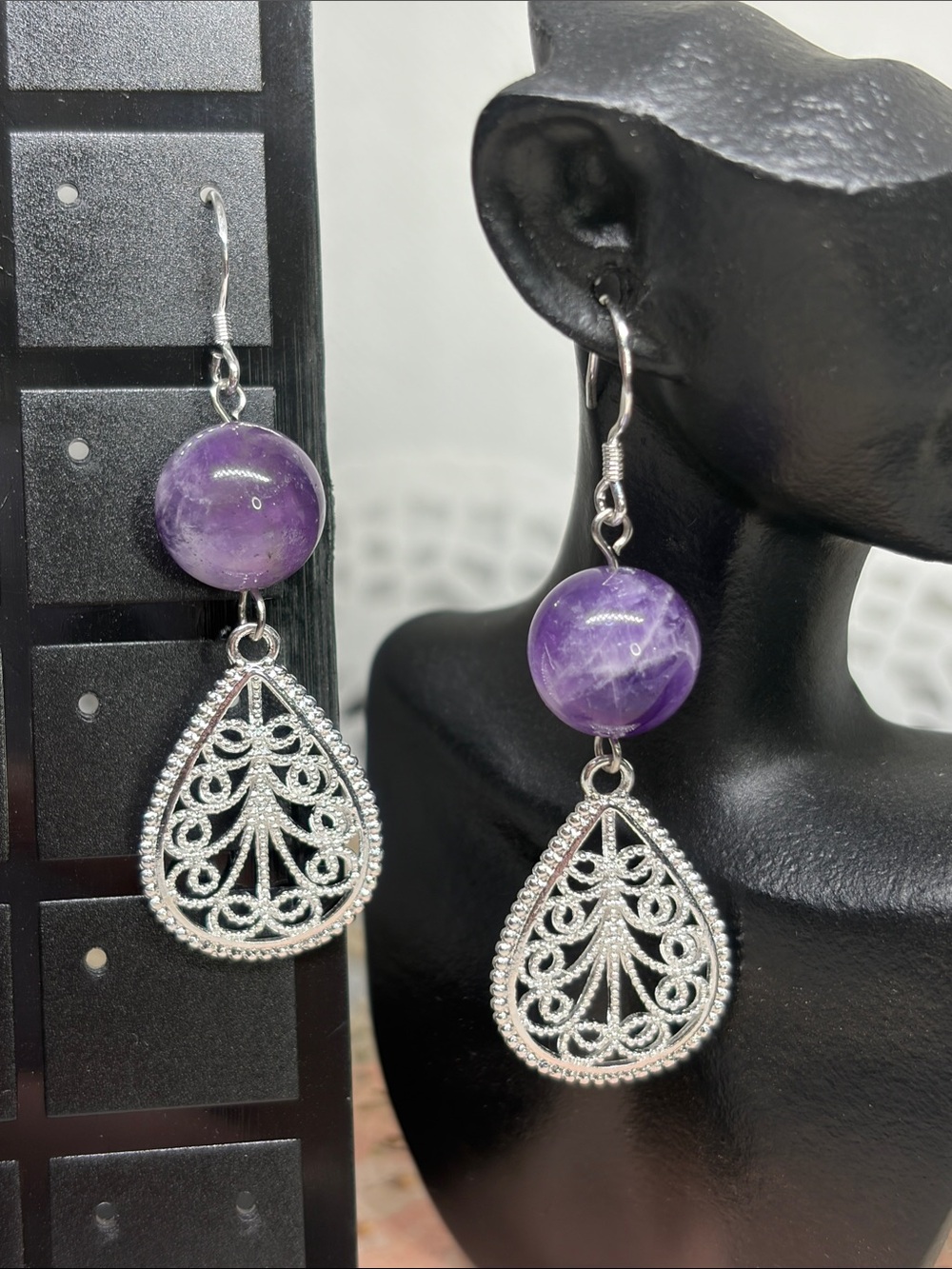 Handcrafted 925 Dream Amethyst Filigree Statement Earrings – 12mm Genuine Stone